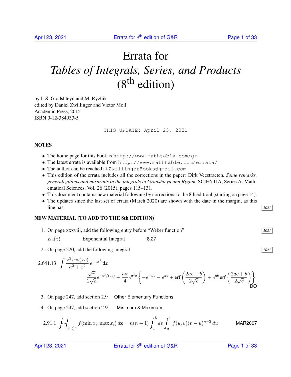 Errata for Tables of Integrals, Series, and Products (8 Edition)