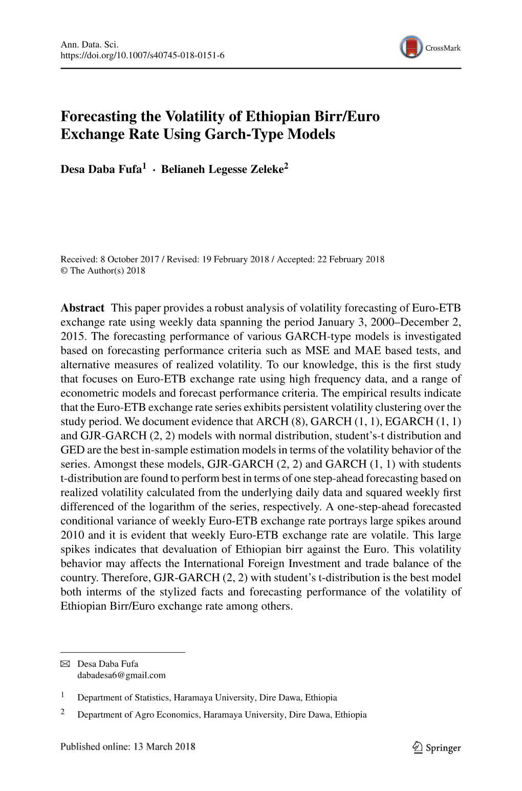 Forecasting the Volatility of Ethiopian Birr/Euro Exchange Rate Using Garch-Type Models