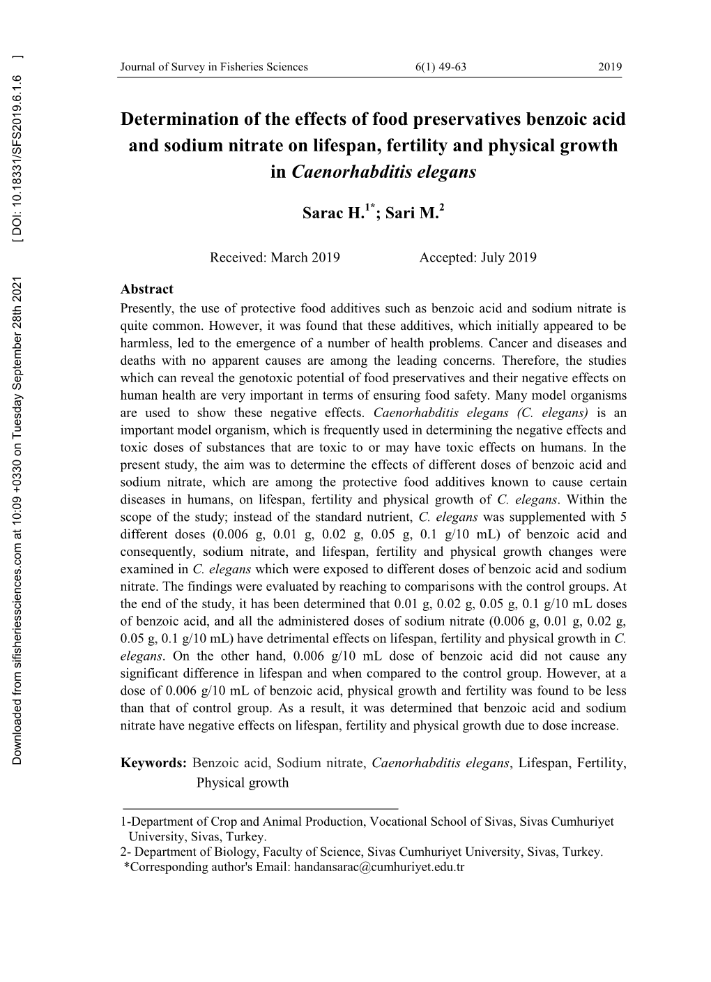 Determination of the Effects of Food Preservatives Benzoic Acid and Sodium Nitrate on Lifespan, Fertility and Physical Growth in Caenorhabditis Elegans