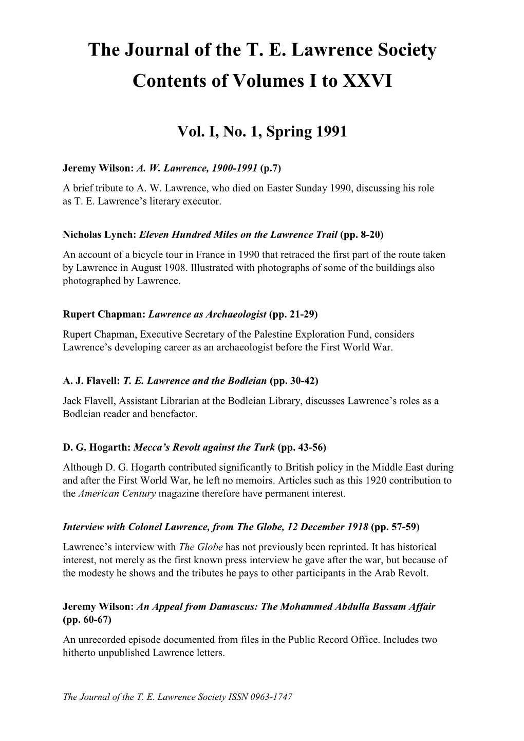 The Journal of the T. E. Lawrence Society Contents of Volumes I to XXVI