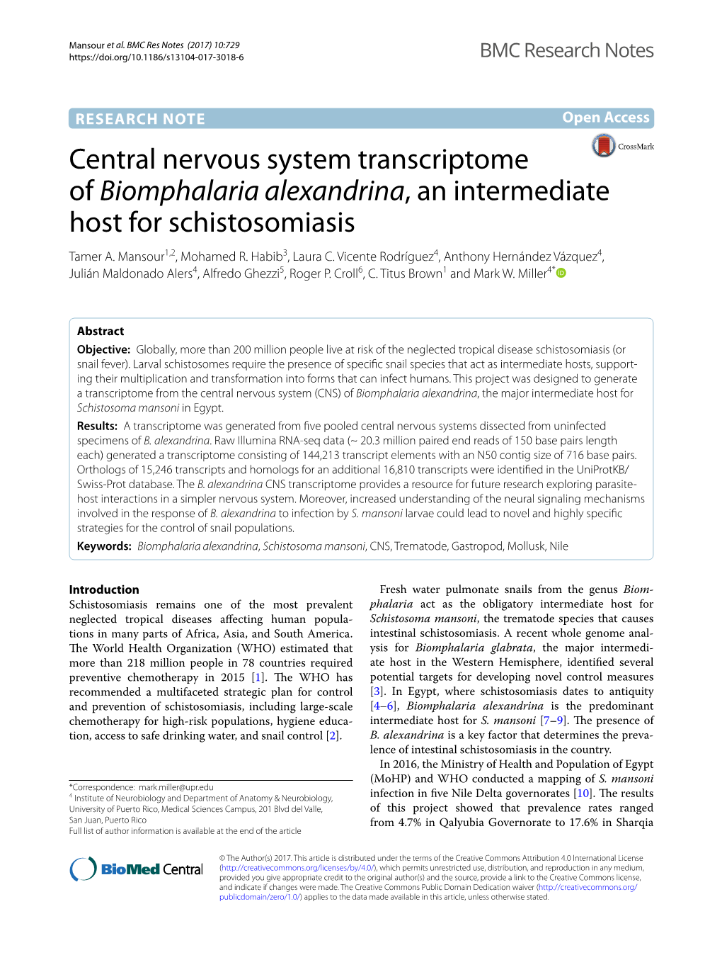 Central Nervous System Transcriptome of Biomphalaria Alexandrina, an Intermediate Host for Schistosomiasis Tamer A