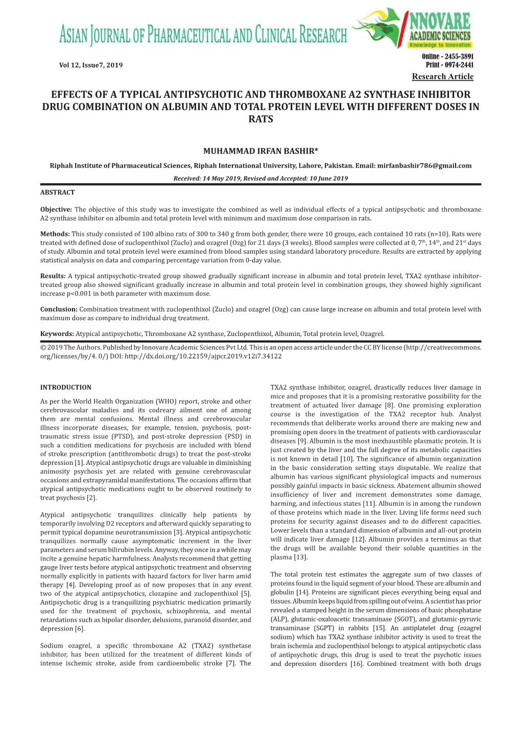 Effects of a Typical Antipsychotic and Thromboxane A2 Synthase Inhibitor Drug Combination on Albumin and Total Protein Level with Different Doses in Rats