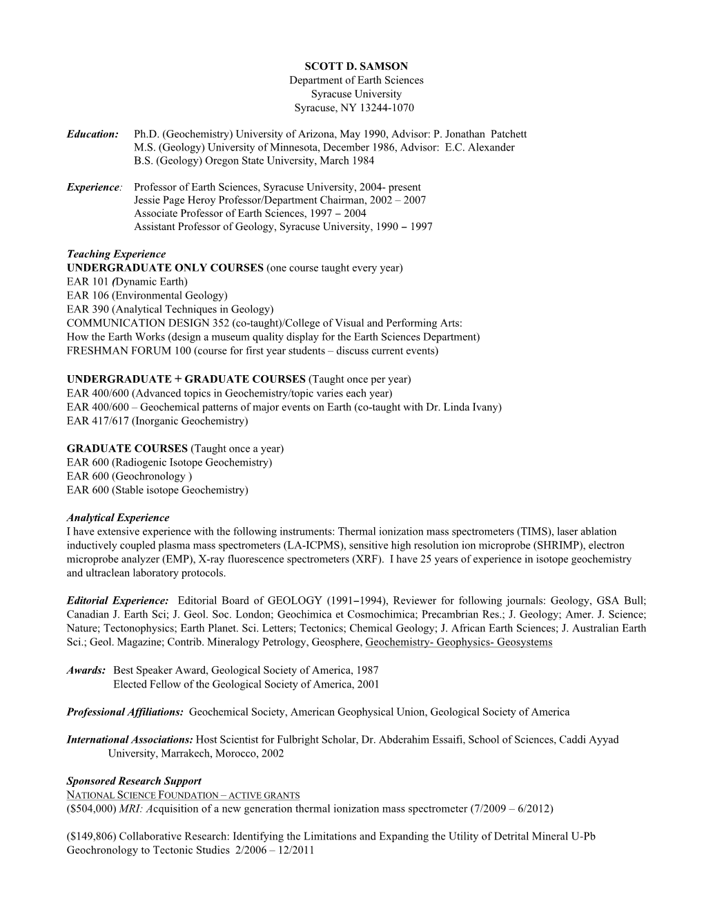 Geochemistry) University of Arizona, May 1990, Advisor: P