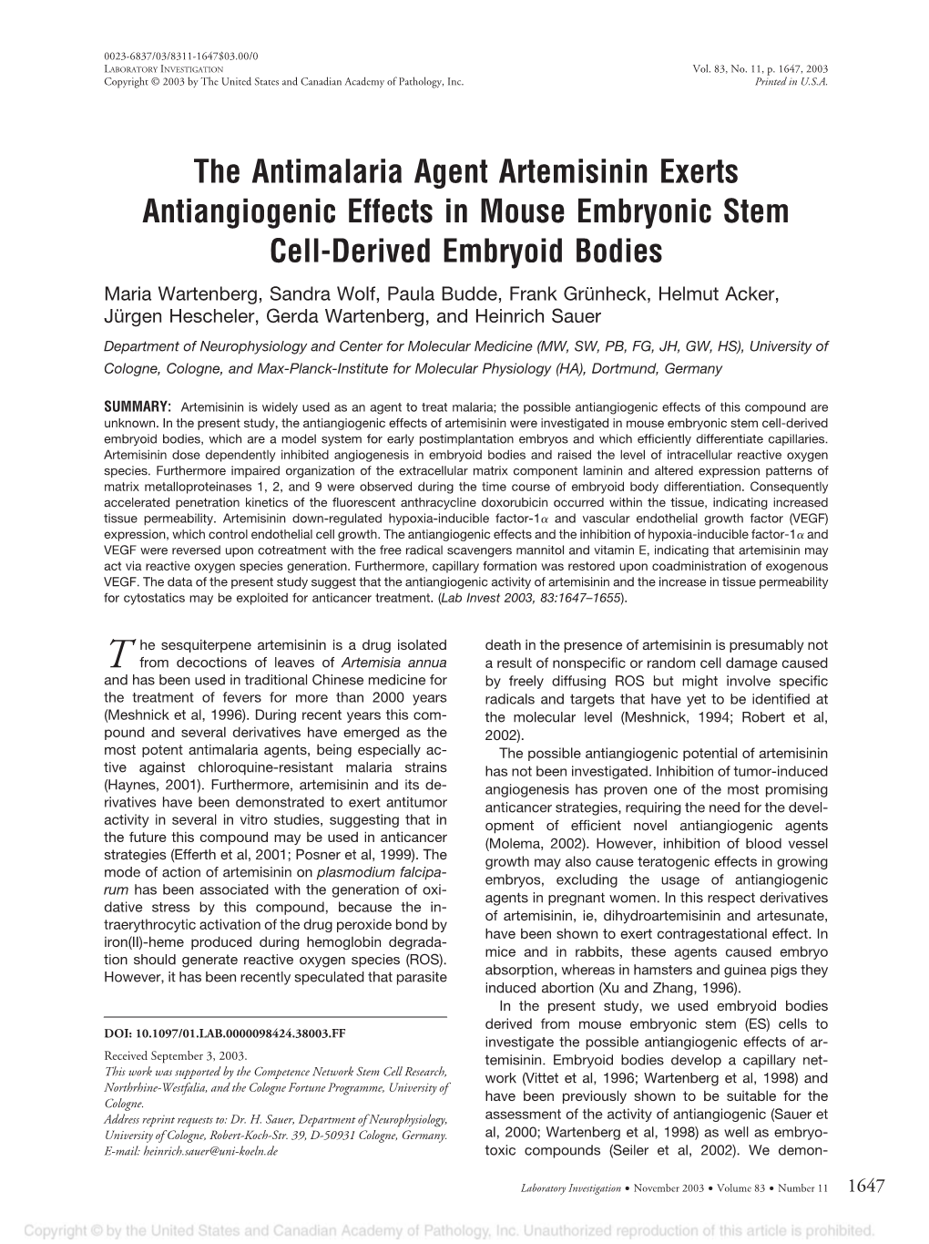 The Antimalaria Agent Artemisinin Exerts Antiangiogenic Effects In