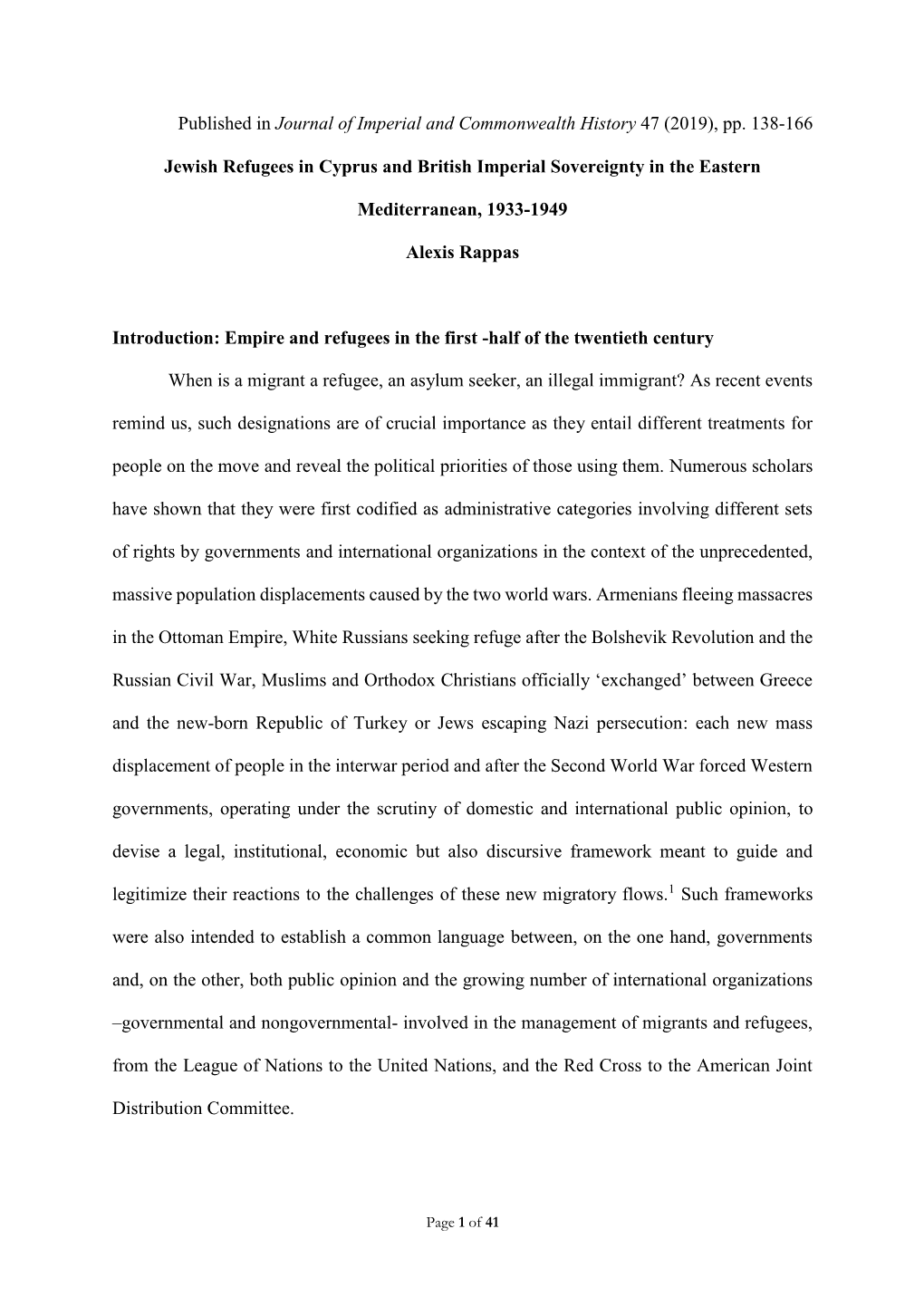Published in Journal of Imperial and Commonwealth History 47 (2019), Pp. 138-166 Jewish Refugees in Cyprus and British Imperial