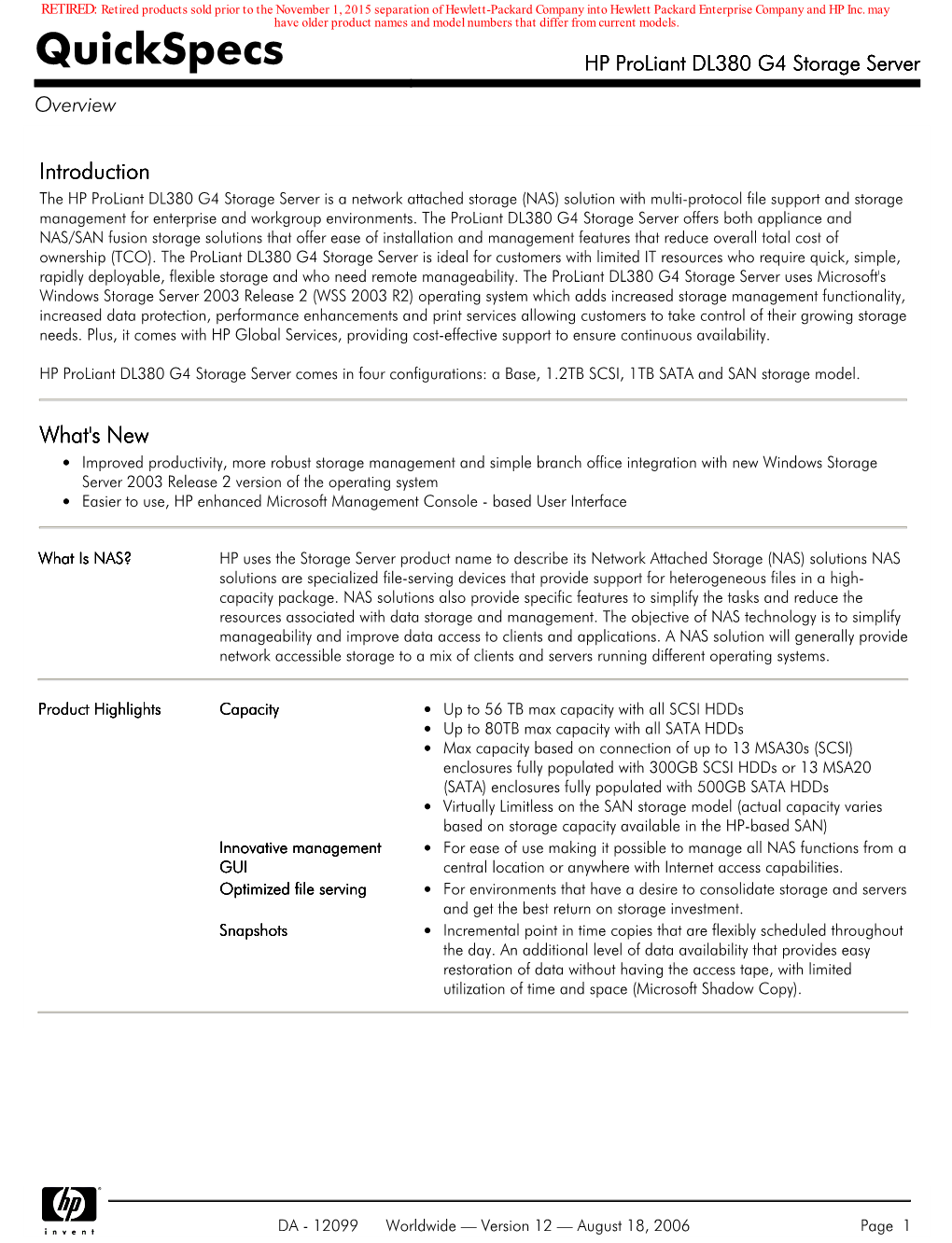 Quickspecs HP Proliant DL380 G4 Storage Server Overview