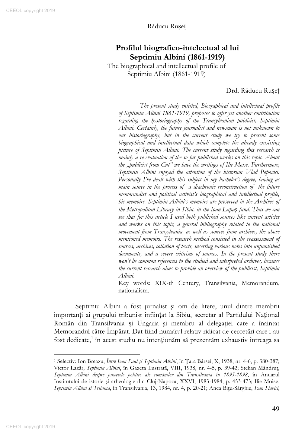 Profilul Biografico-Intelectual Al Lui Septimiu Albini (1861-1919) the Biographical and Intellectual Profile of Septimiu Albini (1861-1919)