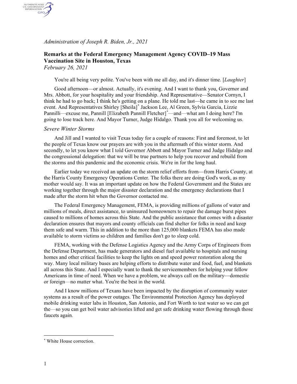 Administration of Joseph R. Biden, Jr., 2021 Remarks at the Federal Emergency Management Agency COVID–19 Mass Vaccination Site