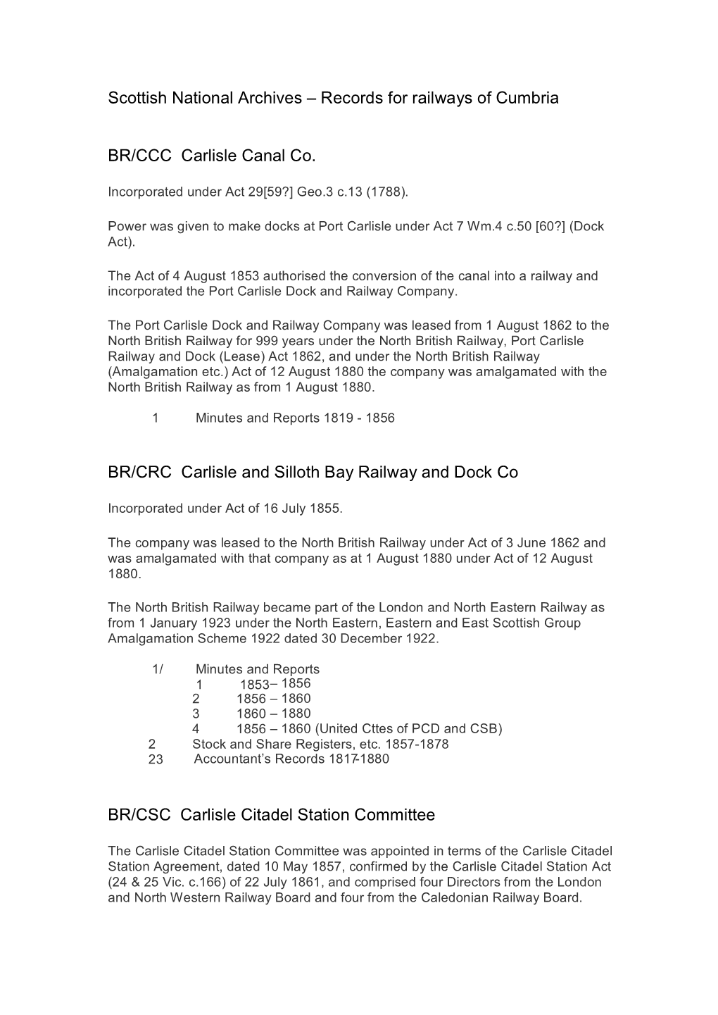 Records for Railways of Cumbria BR/CCC Carlisle Canal Co. BR/CRC Carlisle and Silloth Bay Railway