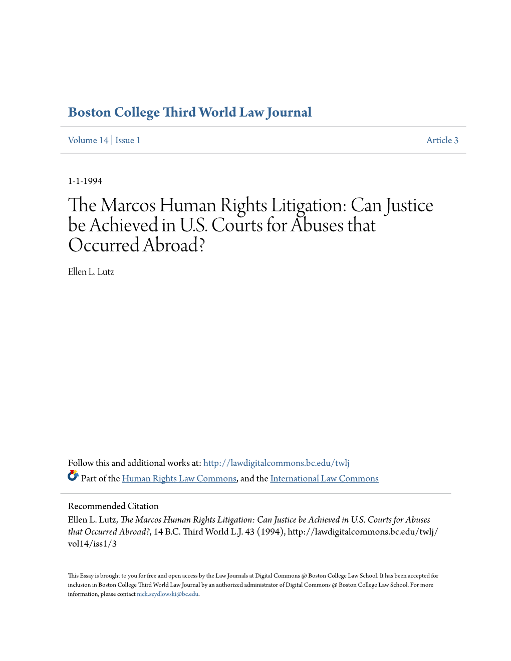 The Marcos Human Rights Litigation: Can Justice Be Achieved in U.S