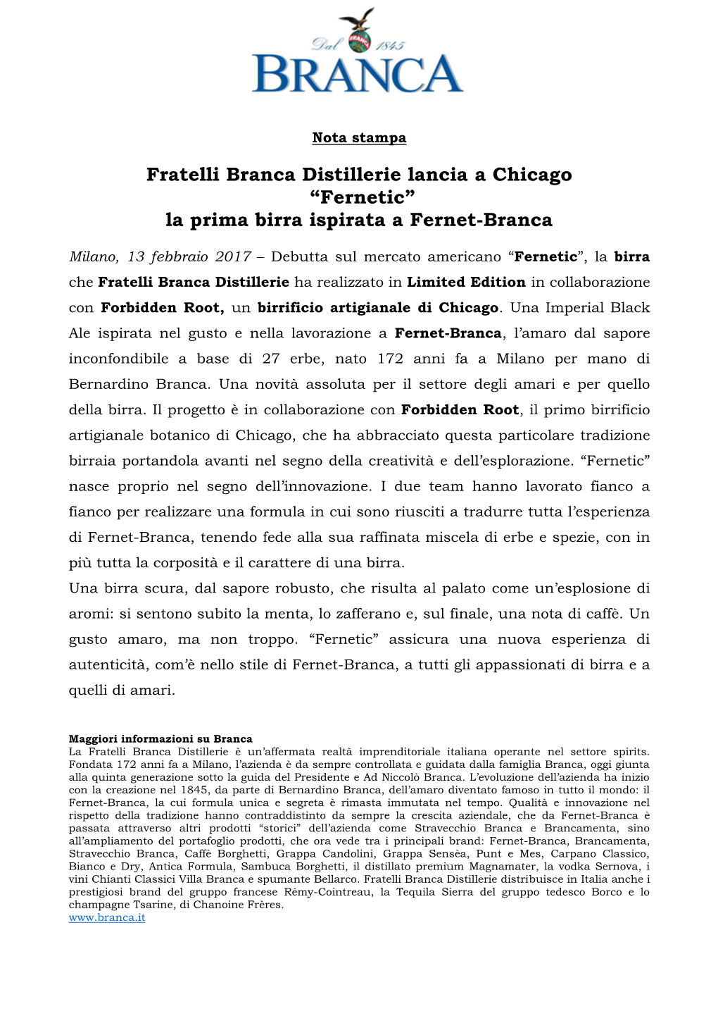 Fratelli Branca Distillerie Lancia a Chicago “Fernetic” La Prima Birra Ispirata a Fernet-Branca