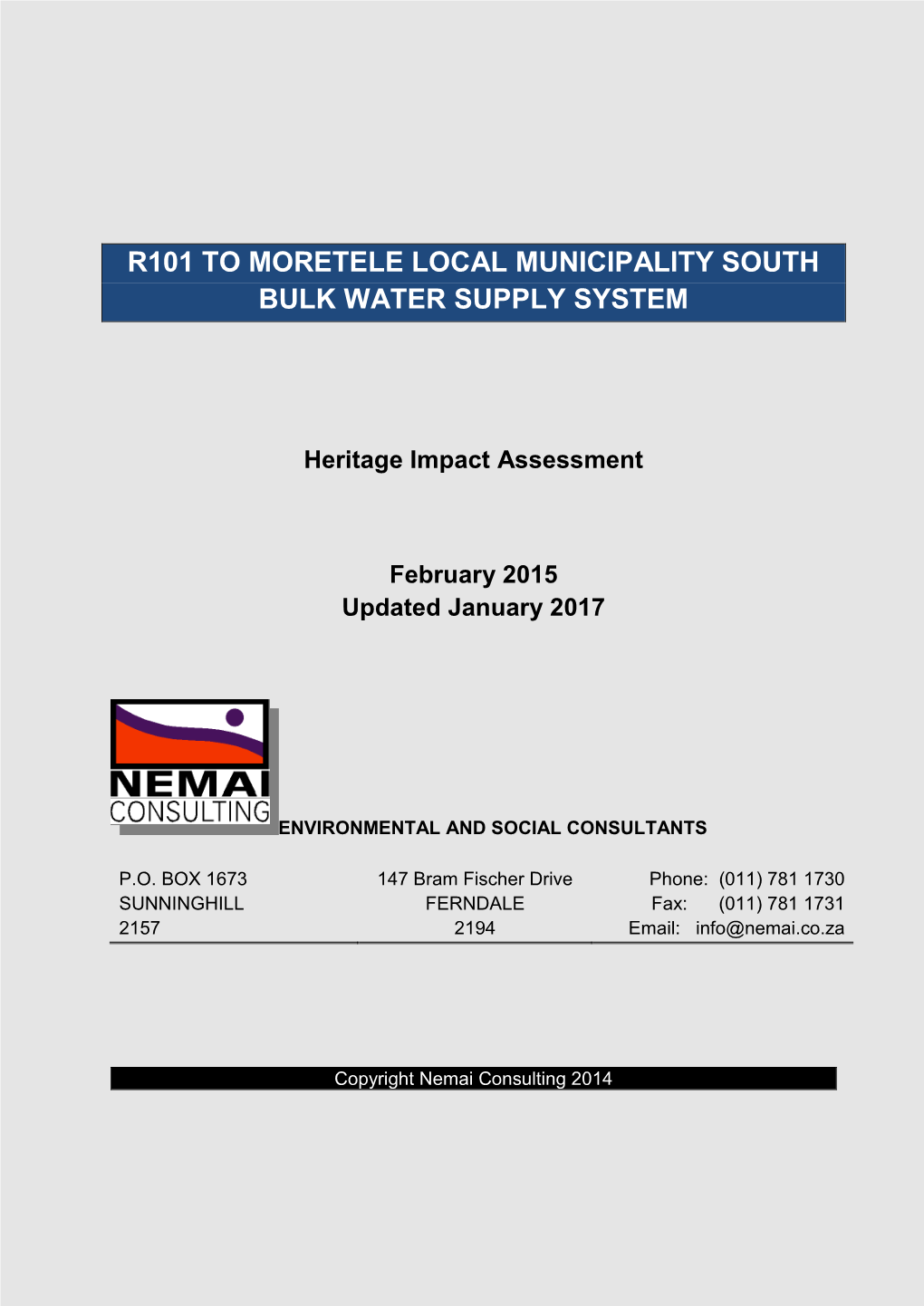 R101 to Moretele Local Municipality South Bulk Water Supply System