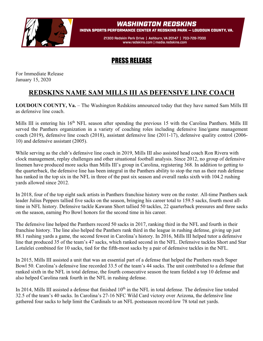 Press Release Redskins Name Sam Mills Iii As