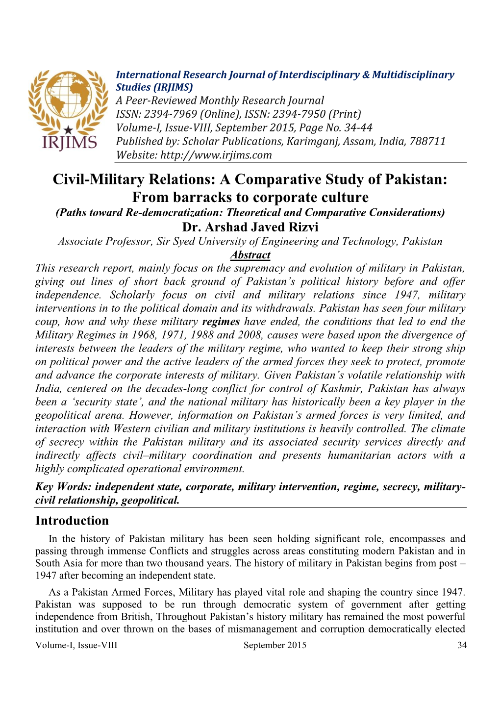 Civil-Military Relations: a Comparative Study of Pakistan: from Barracks