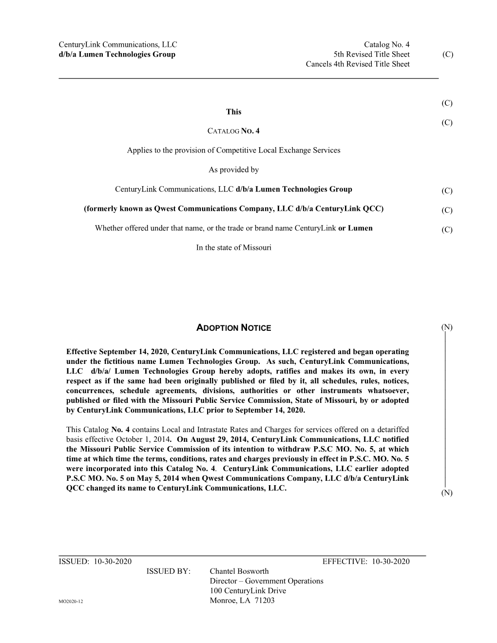 Centurylink Communications, LLC Catalog No. 4 D/B/A Lumen Technologies Group 5Th Revised Title Sheet (C) Cancels 4Th Revised Title Sheet