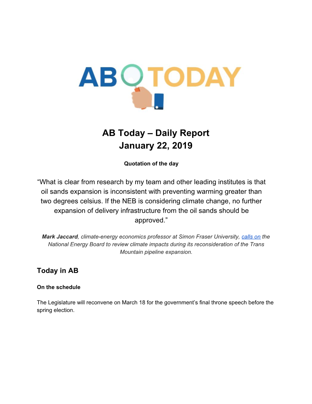 AB Today – Daily Report January 22, 2019