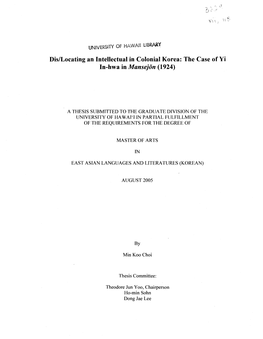 Dis/Locating an Intellectual in Colonial Korea: the Case Ofyi In-Hwa in Mansejon (1924)