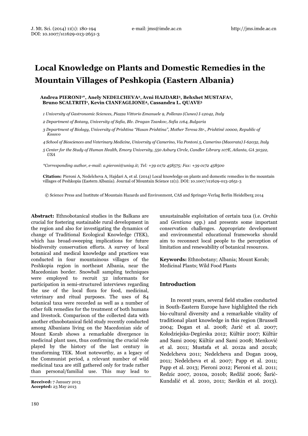 Local Knowledge on Plants and Domestic Remedies in the Mountain Villages of Peshkopia (Eastern Albania)
