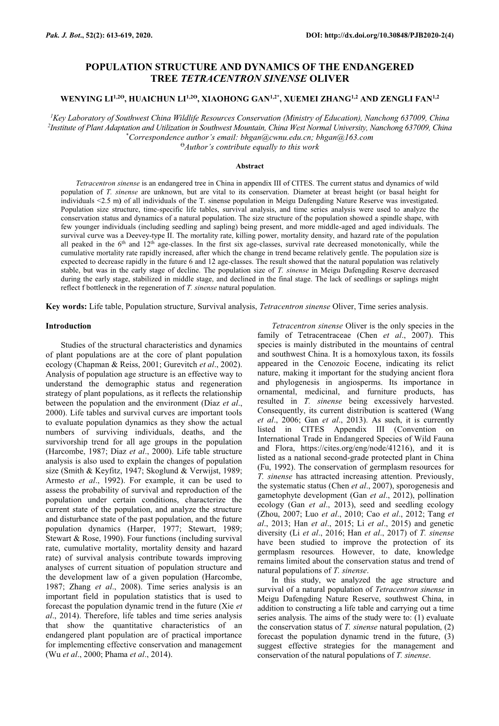 Population Structure and Dynamics of the Endangered Tree Tetracentron Sinense Oliver