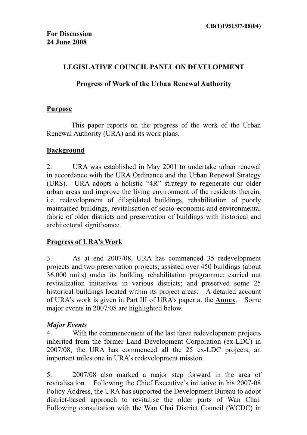 Administration's Paper on Progress of Work of the Urban Renewal Authority