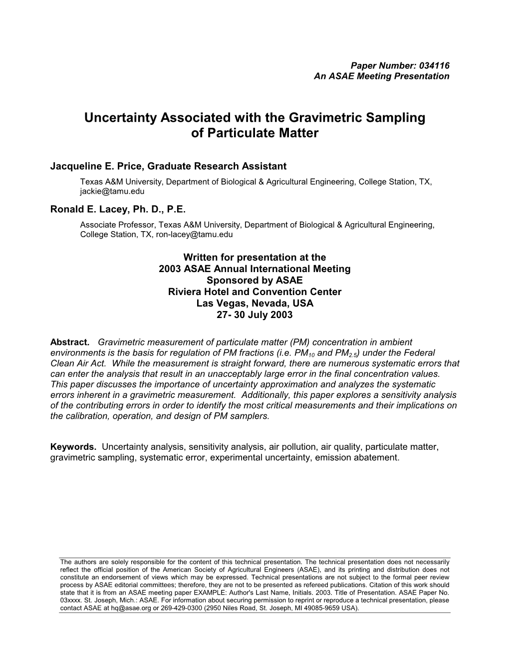 Uncertainty Associated with the Gravimetric Sampling of Particulate Matter