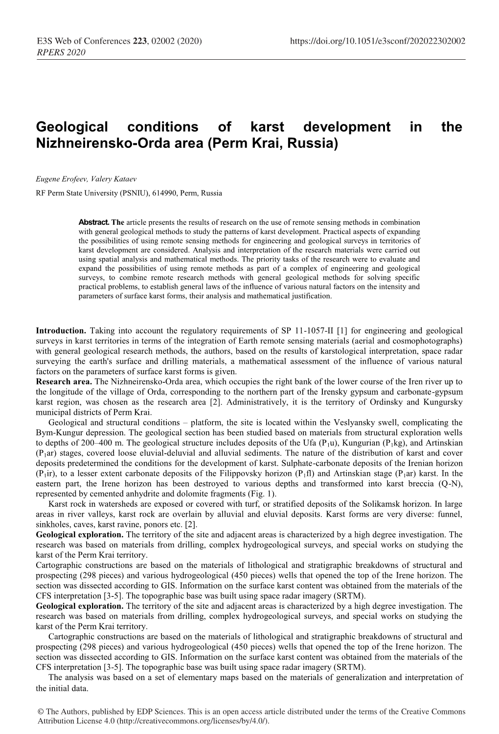 Geological Conditions of Karst Development in the Nizhneirensko-Orda Area (Perm Krai, Russia)