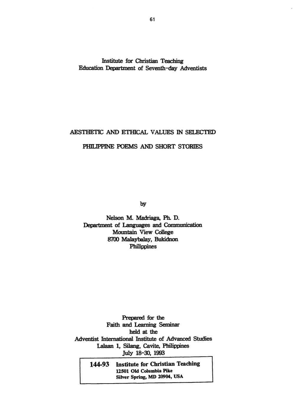 PH1L1PPINE POEMS and SHORT STORIES Depm Tment of Languages and Communication Philippines July 18-30, 1933 144-93 Institute for C