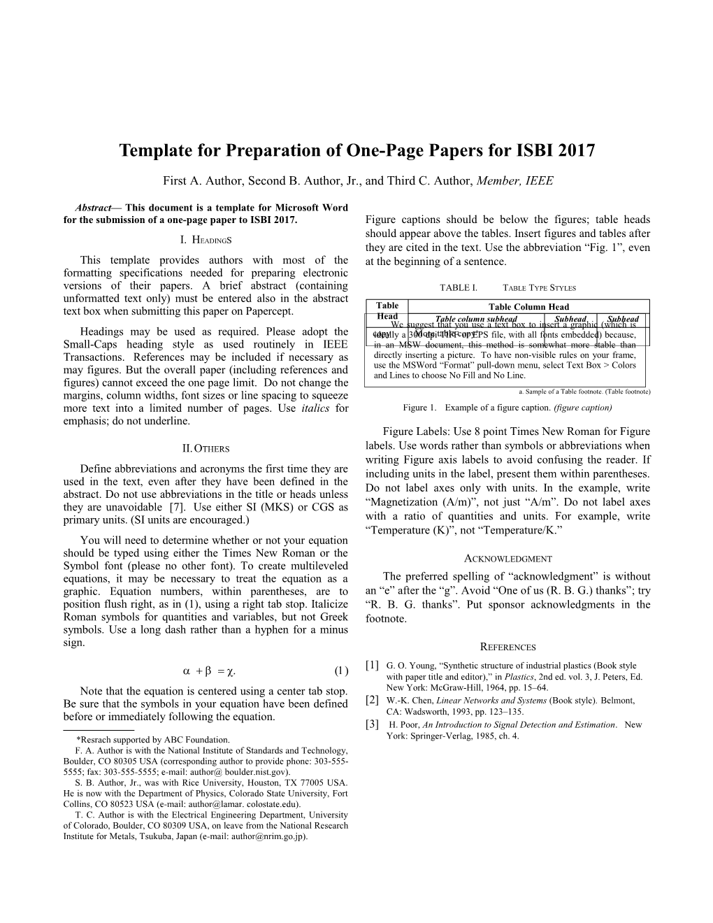 Template for Preparation of One-Page Papers for ISBI 2017