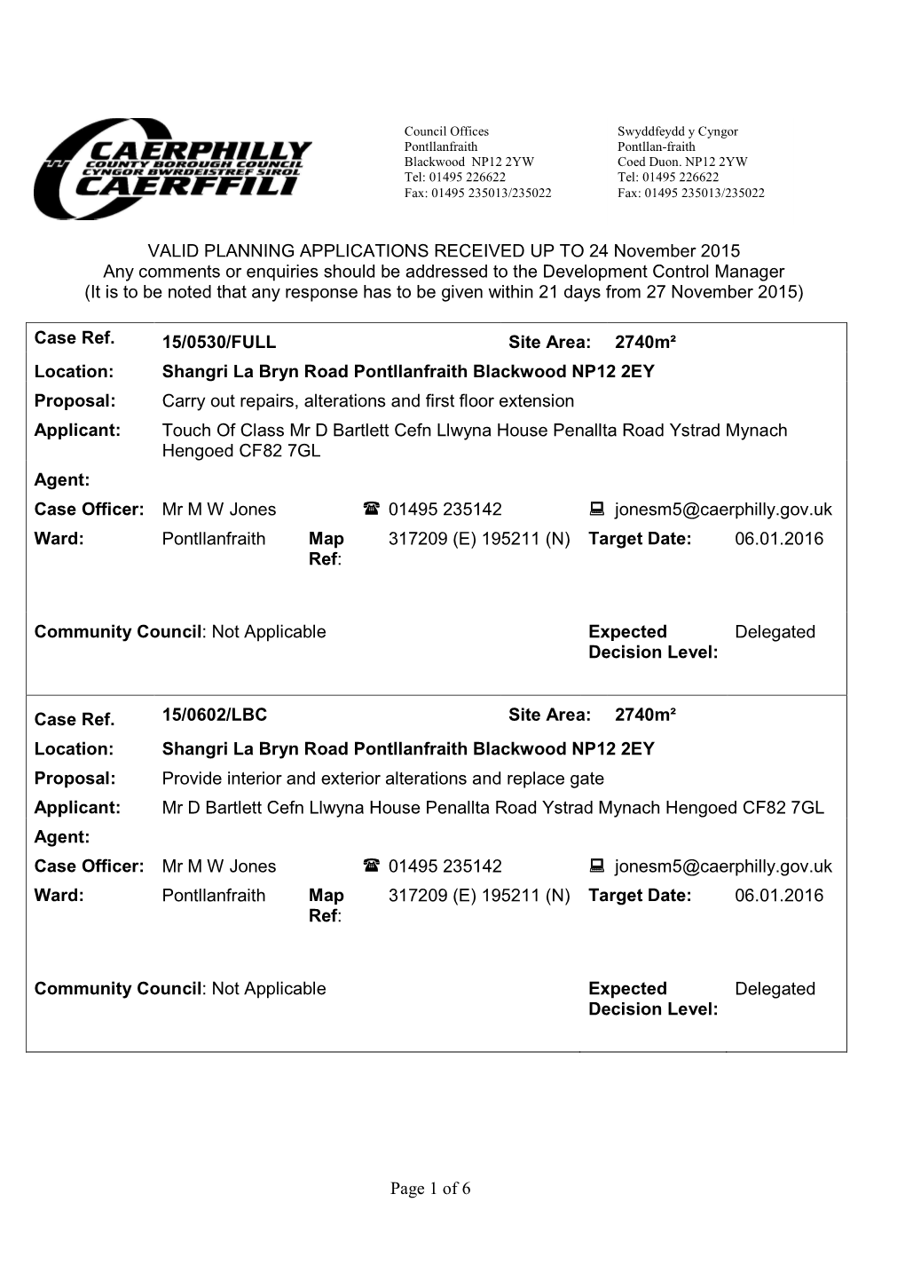 Page 1 of 6 VALID PLANNING APPLICATIONS RECEIVED up TO