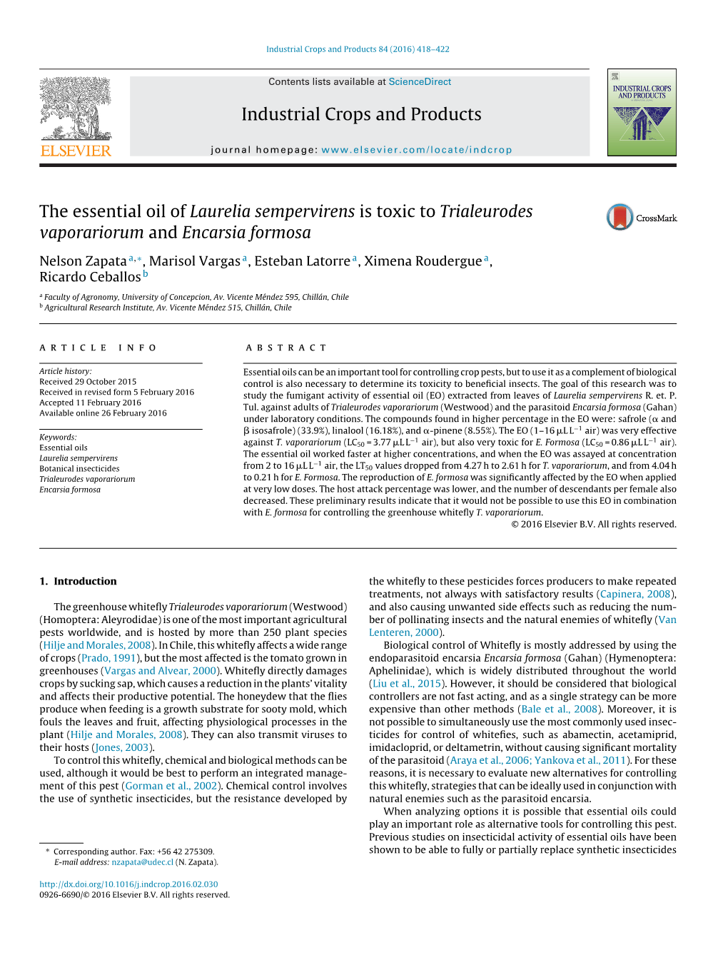 The Essential Oil of Laurelia Sempervirens Is Toxic to Trialeurodes