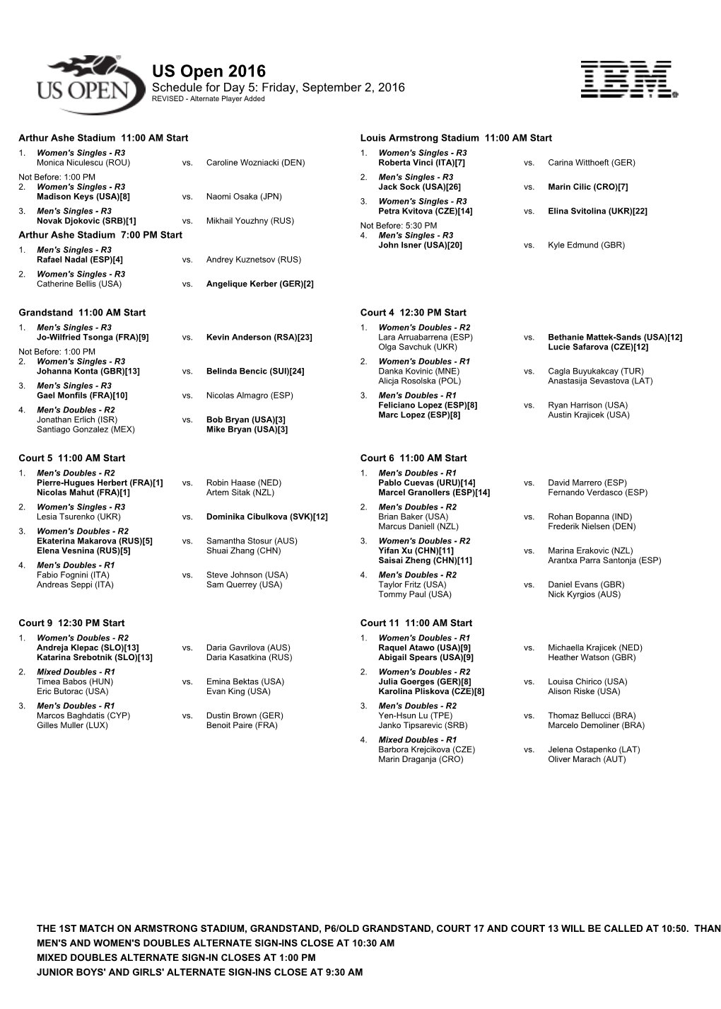 US Open 2016 Schedule for Day 5: Friday, September 2, 2016 REVISED - Alternate Player Added