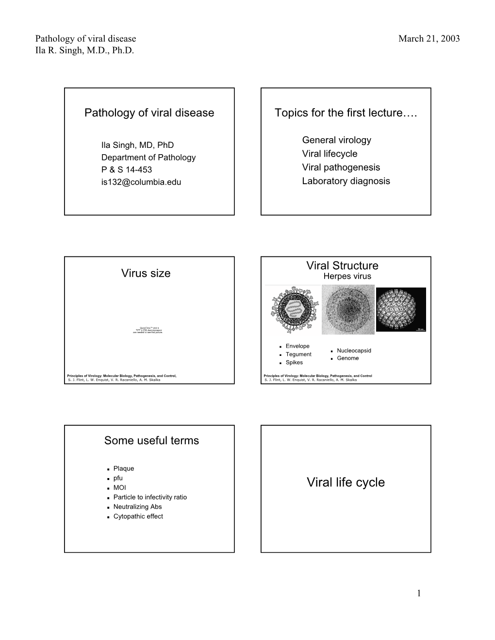 Pathology of Viral Disease Ila R. Singh, MD, Ph.D. March 21, 2003 1