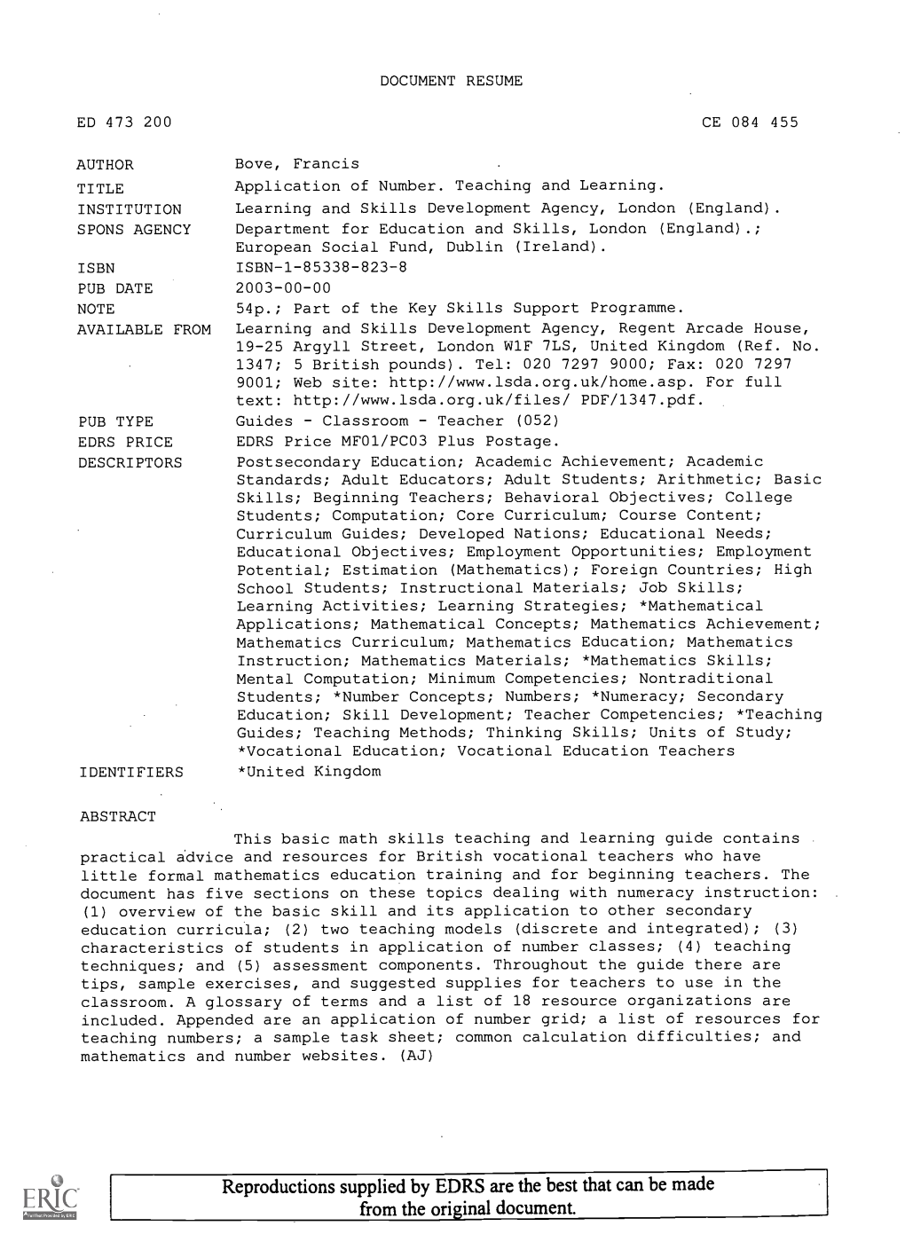 Application of Number. Teaching and Learning. INSTITUTION Learning and Skills Development Agency, London (England)