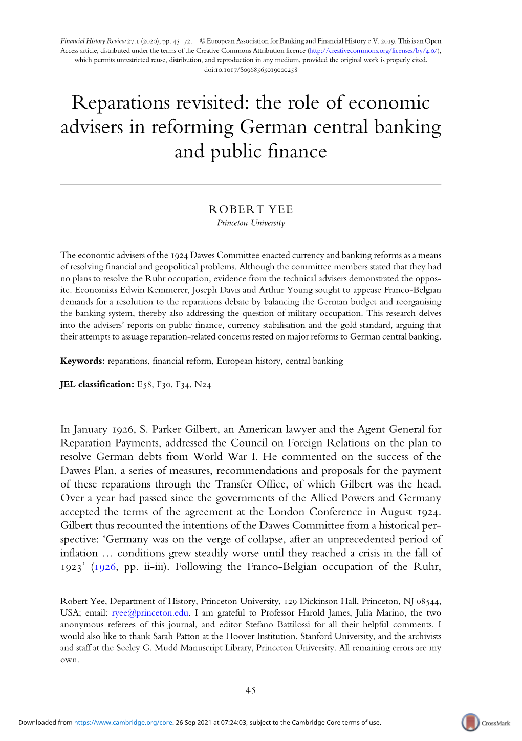 Reparations Revisited: the Role of Economic Advisers in Reforming German Central Banking and Public Finance