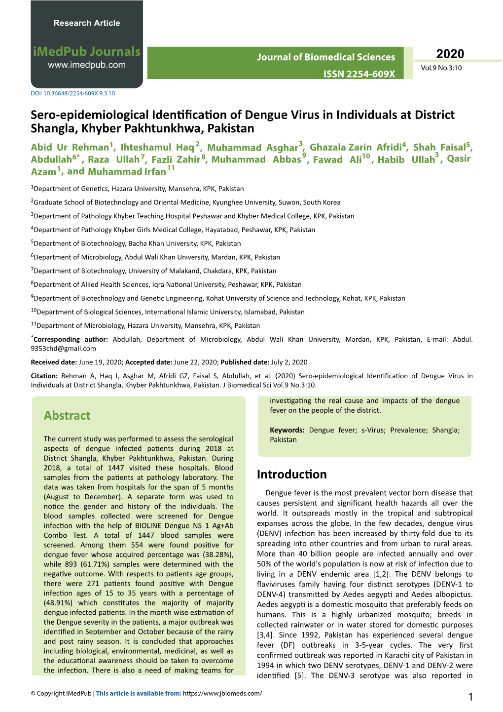 Sero-Epidemiological Identification of Dengue Virus in Individuals At