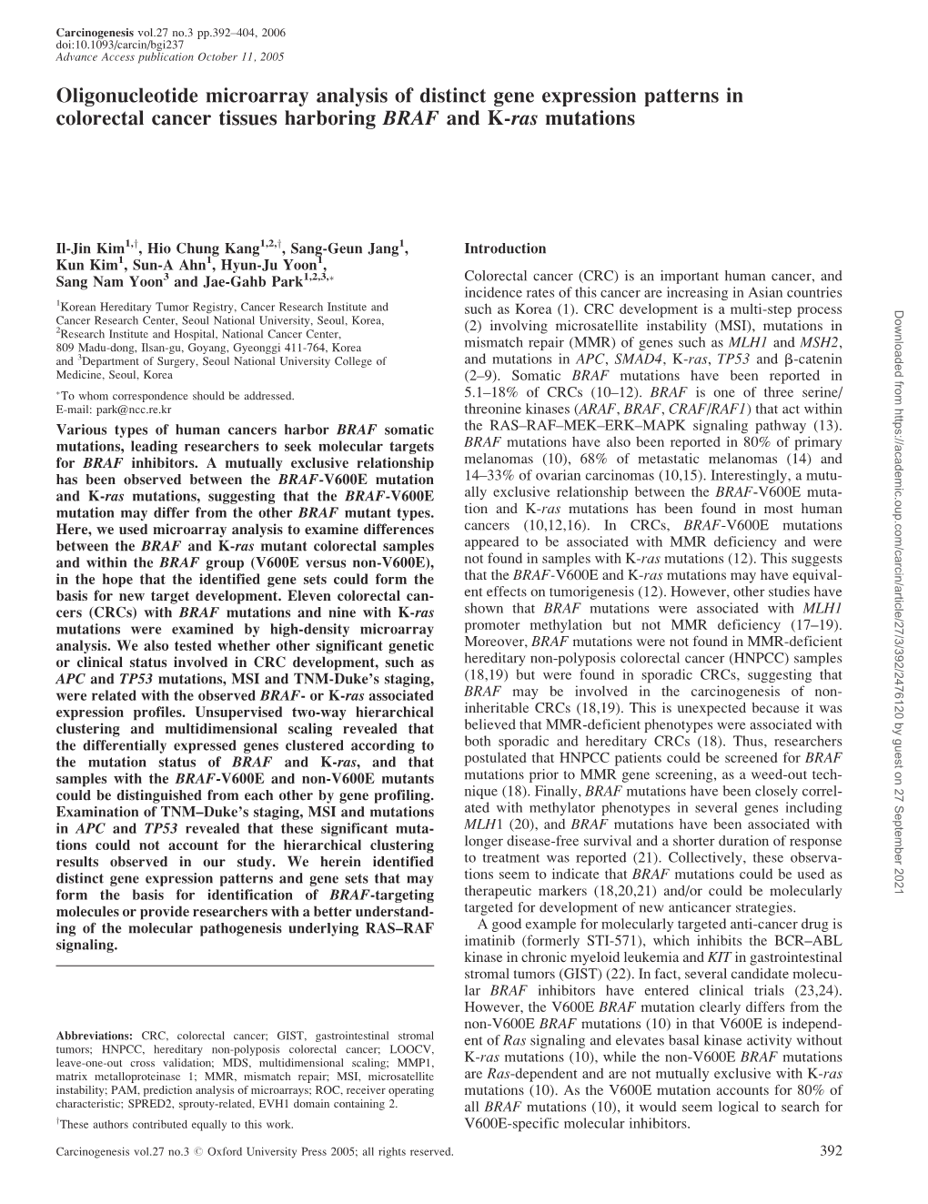 Oligonucleotide Microarray Analysis of Distinct Gene Expression Patterns in Colorectal Cancer Tissues Harboring BRAF and K-Ras Mutations