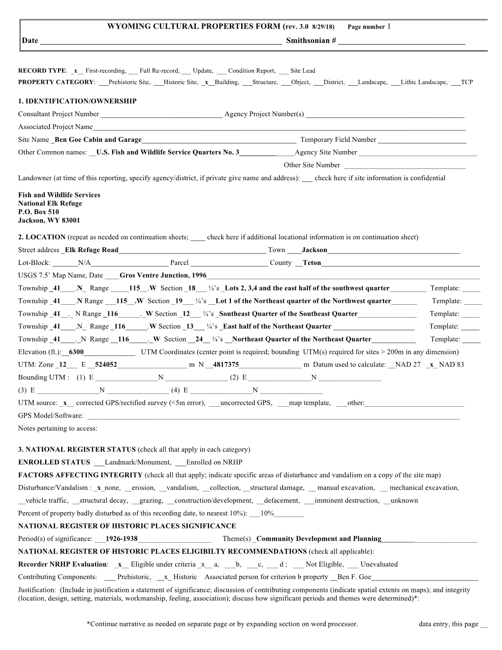 WYOMING CULTURAL PROPERTIES FORM (Rev