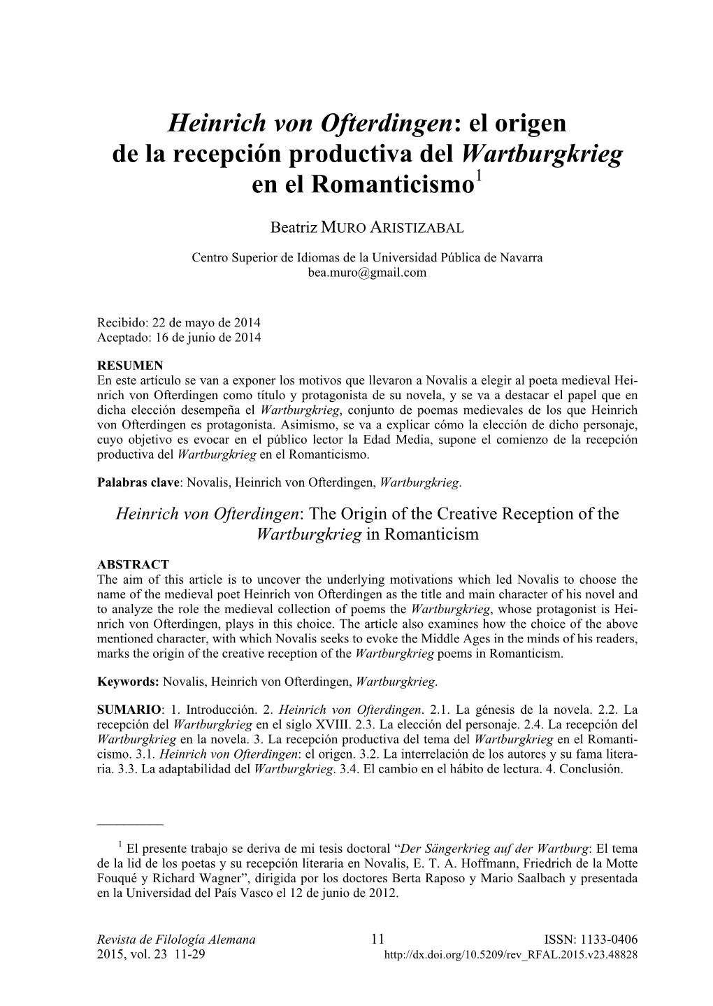 Heinrich Von Ofterdingen: El Origen De La Recepción Productiva Del Wartburgkrieg En El Romanticismo1