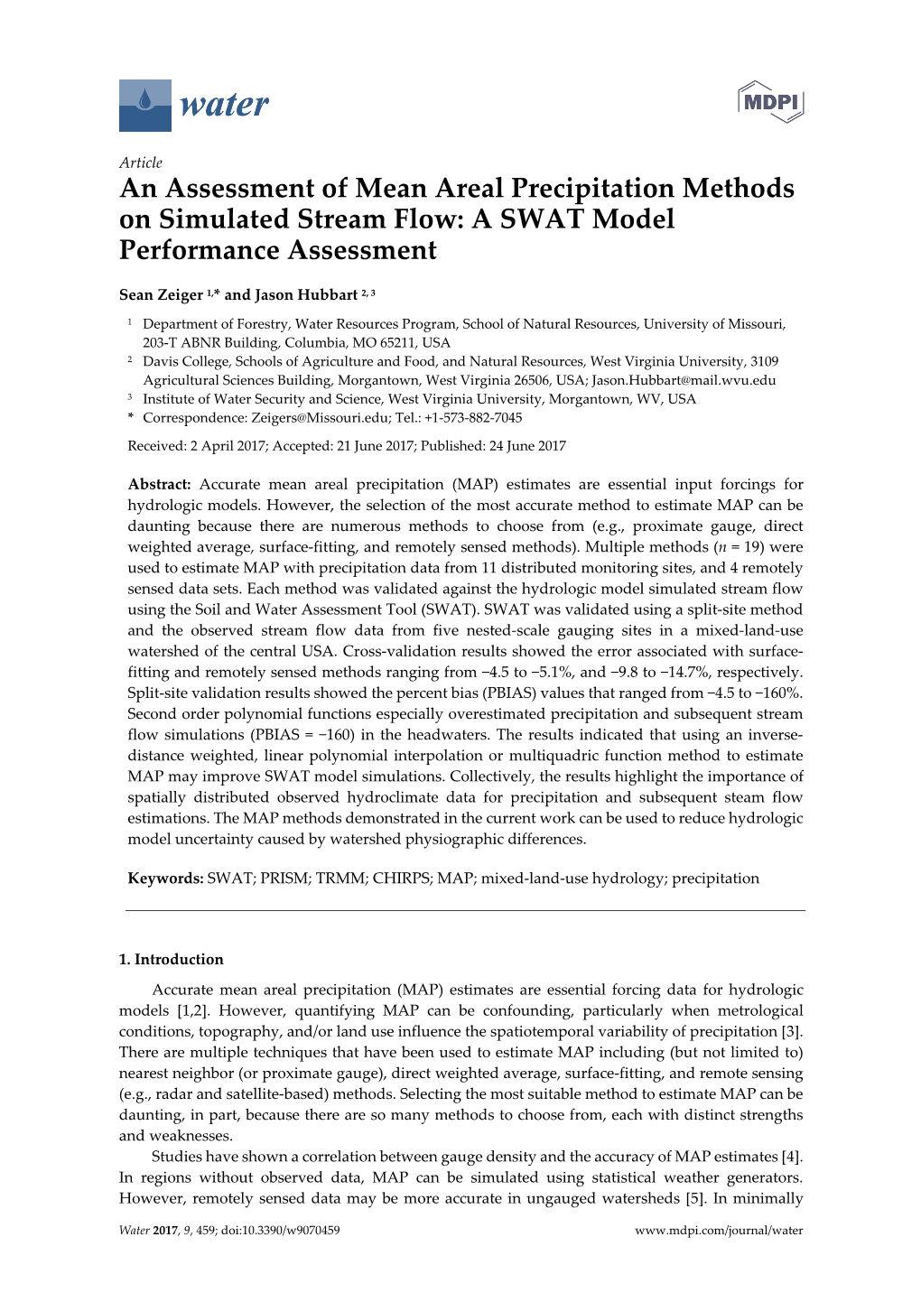 An Assessment of Mean Areal Precipitation Methods on Simulated Stream Flow: a SWAT Model Performance Assessment