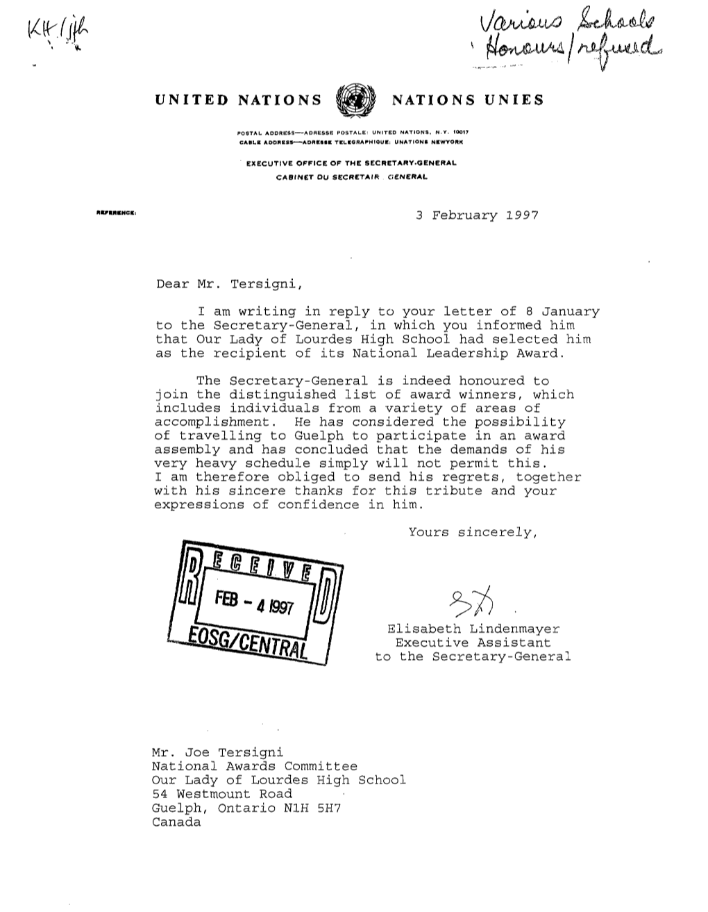 UNITED NATIONS NATIONS UNIES 3 February 1997 Dear Mr. Tersigni, I