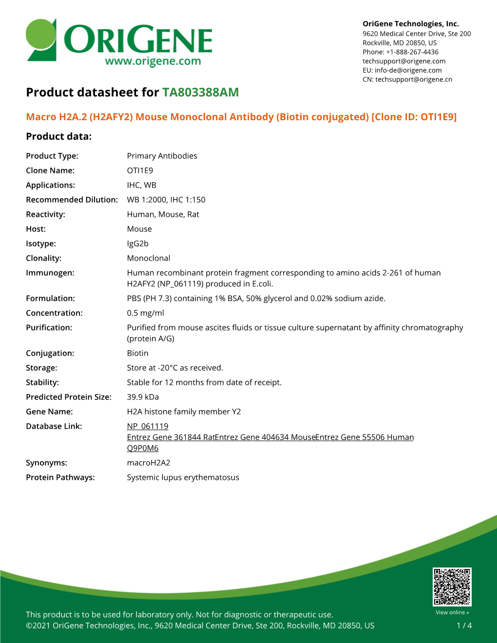 Macro H2A.2 (H2AFY2) Mouse Monoclonal Antibody (Biotin Conjugated) [Clone ID: OTI1E9] Product Data