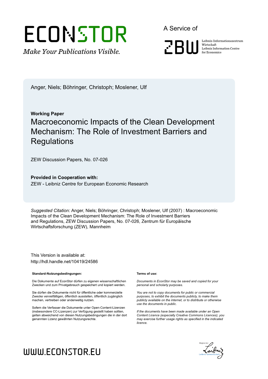 Macroeconomic Impacts of the Clean Development Mechanism: the Role of Investment Barriers and Regulations