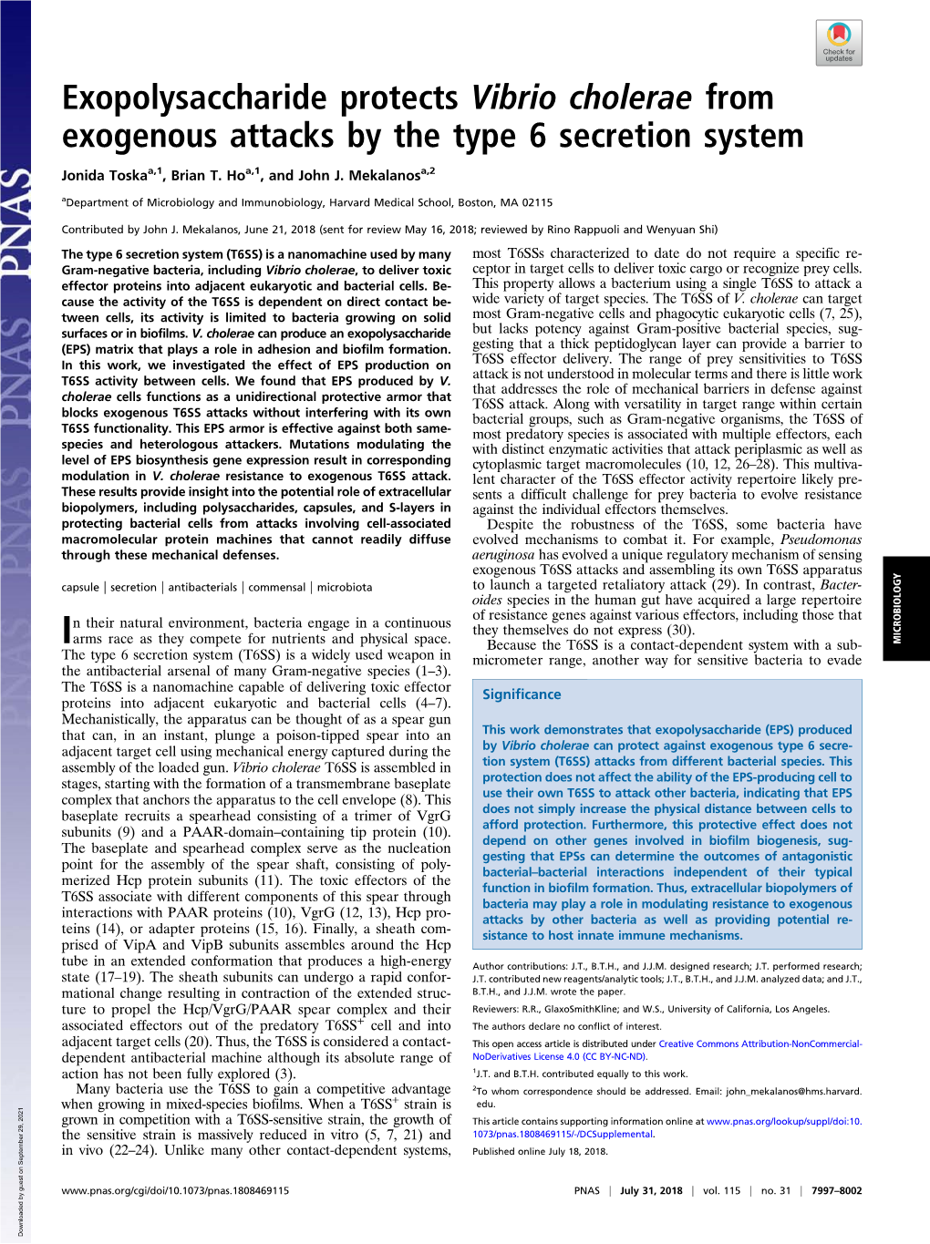 Exopolysaccharide Protects Vibrio Cholerae from Exogenous Attacks by the Type 6 Secretion System