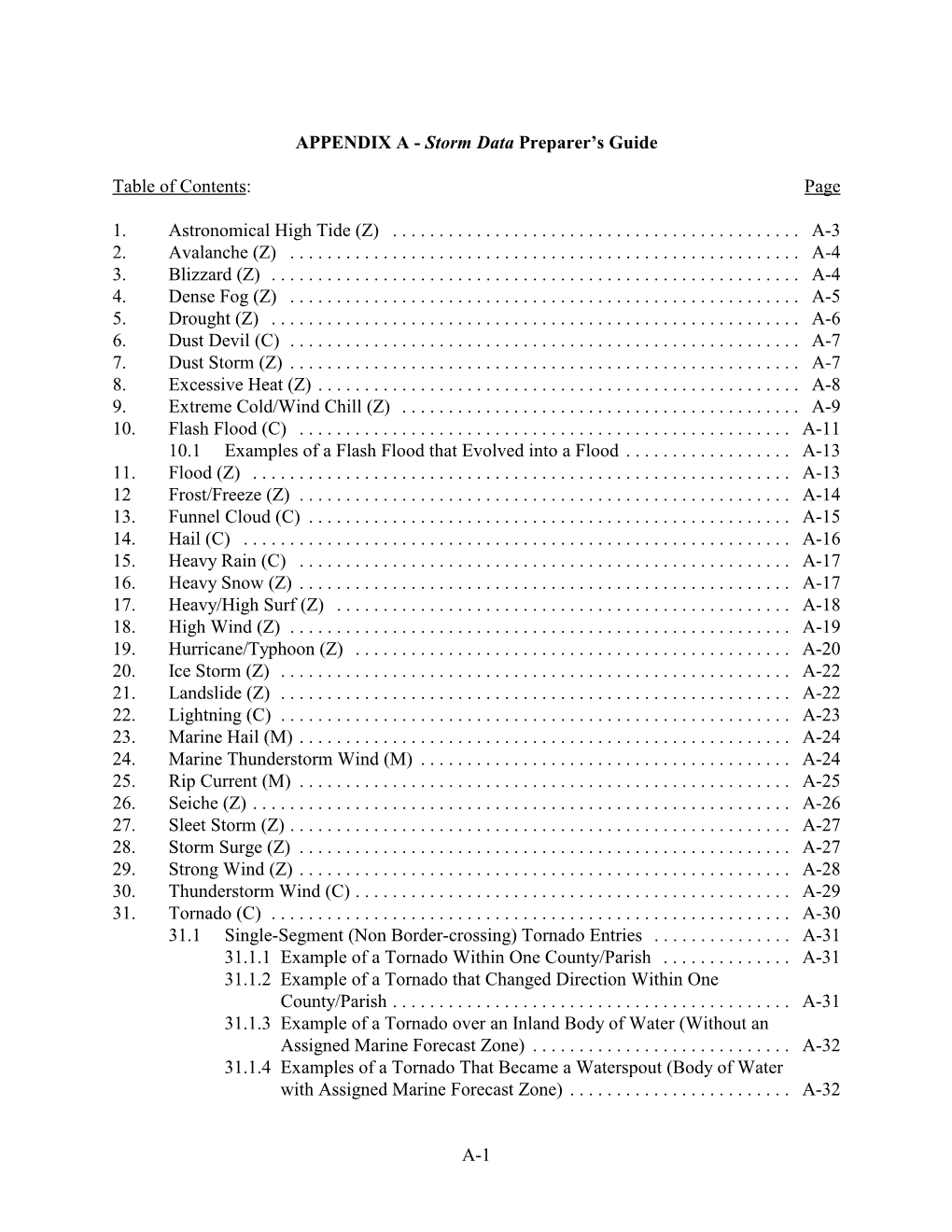 Storm Data Preparer's Guide Table of Contents