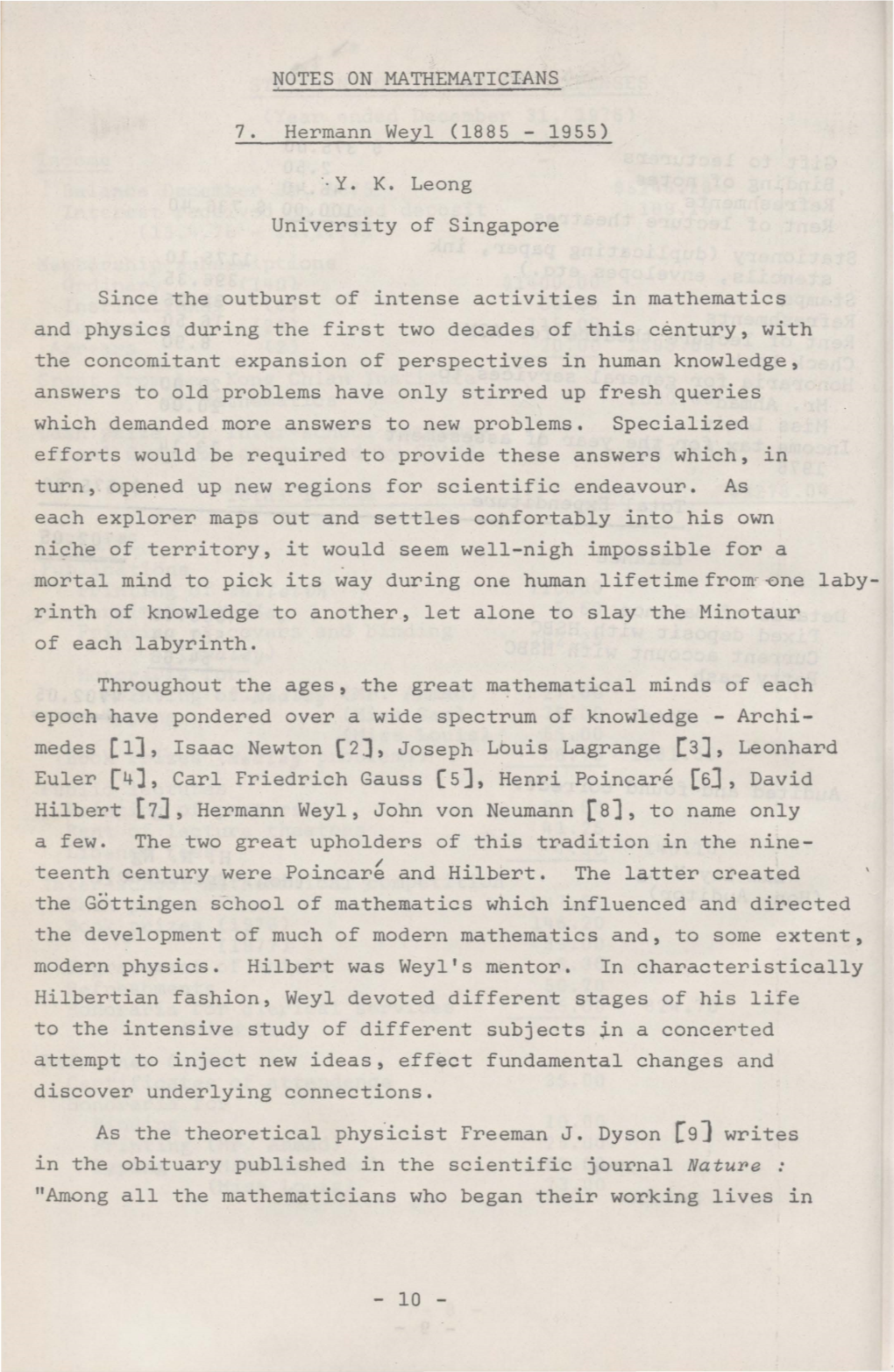 NOTES on MATHEMATICIANS 7. Hermann Weyl (1885