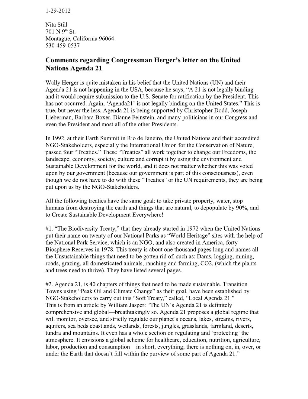 Comments Regarding Congressman Herger S Letter on the United Nations Agenda 21