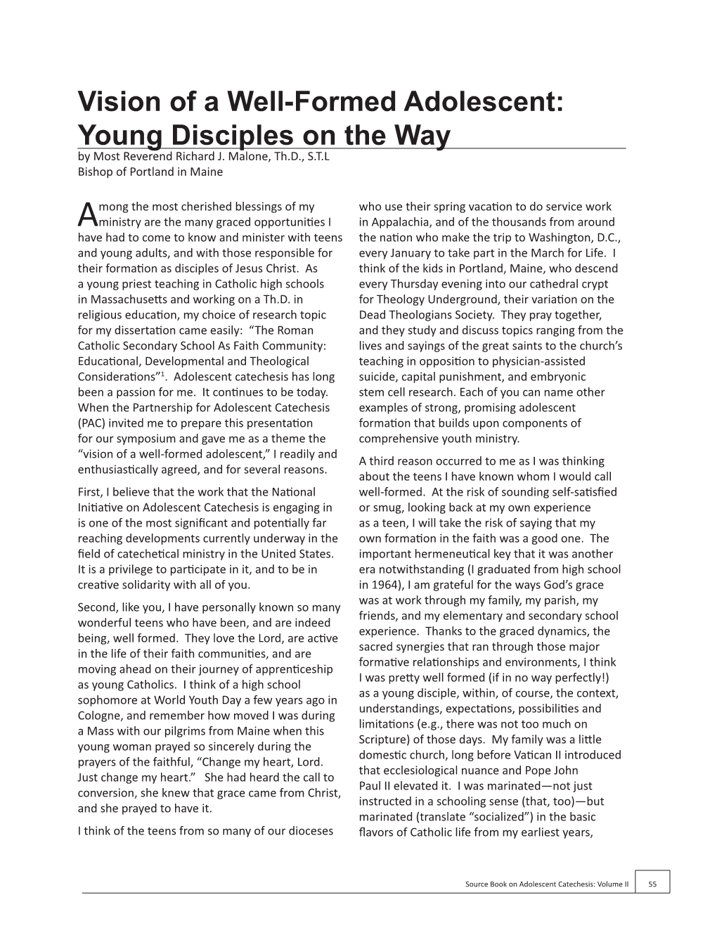 Vision of a Well-Formed Adolescent: Young Disciples on the Way by Most Reverend Richard J