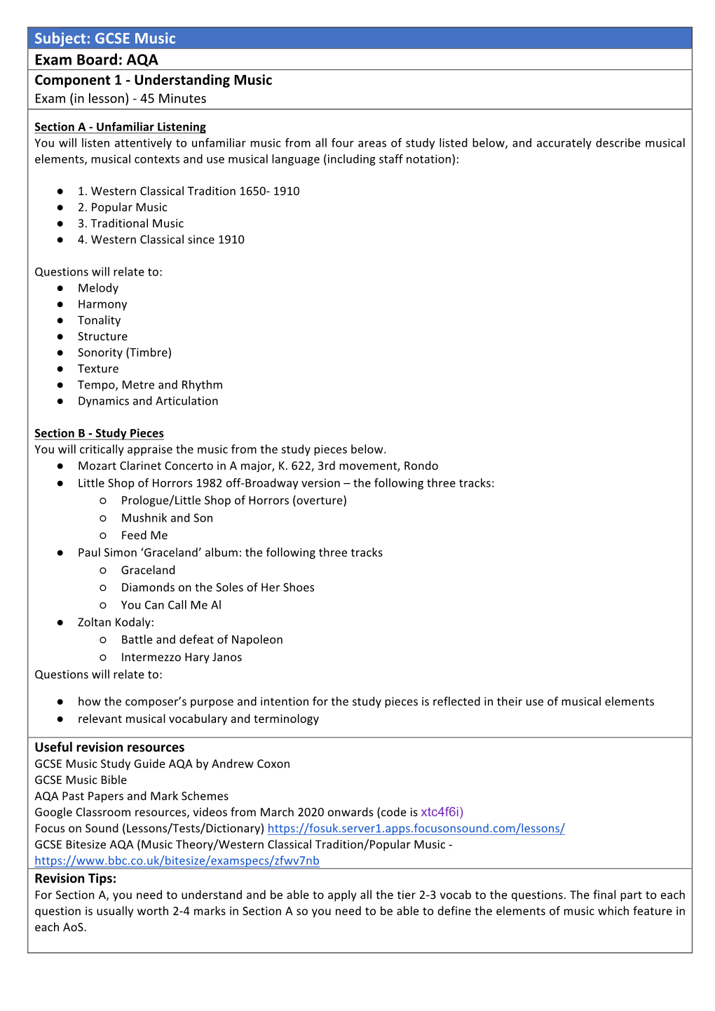 Subject: GCSE Music Exam Board: AQA Component 1 - Understanding Music Exam (In Lesson) - 45 Minutes