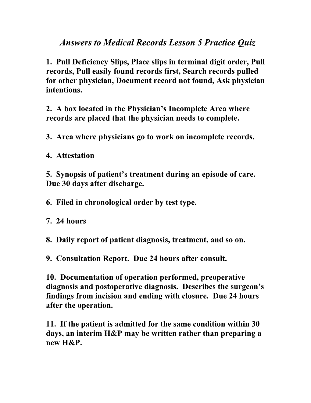 Answers to Medical Records Lesson 5 Practice Quiz