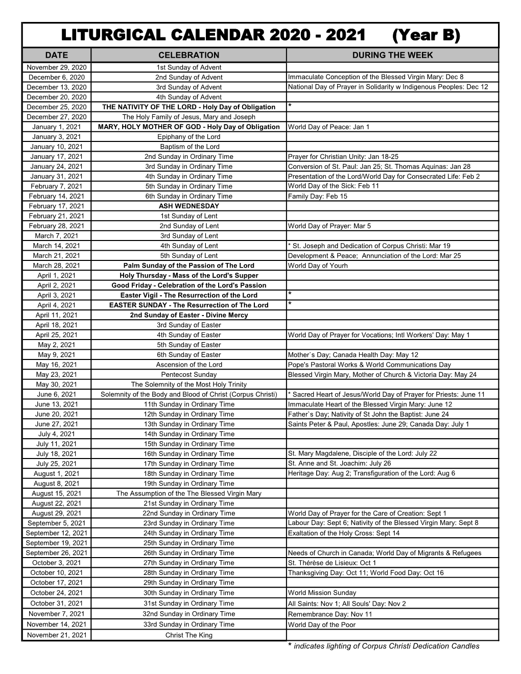 Liturgical Calendar 2020